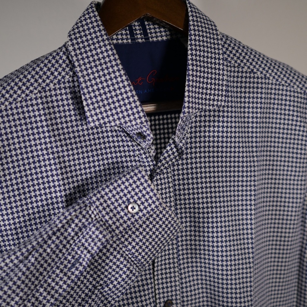 Robert Graham Mens Tailored Fit Blue White Houndstooth Button Down Shirt Large